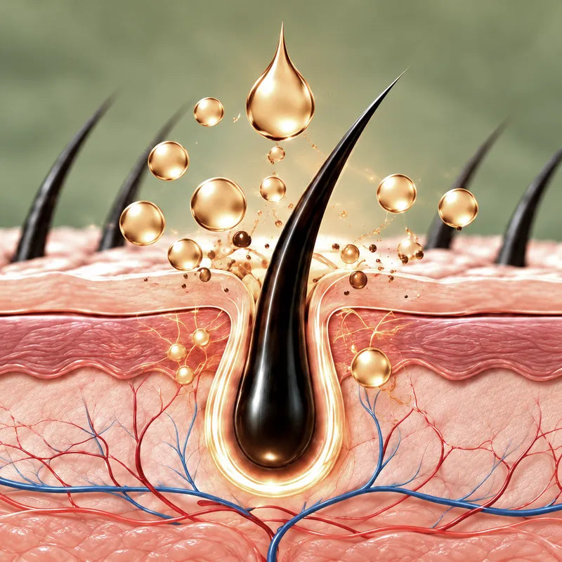 Golden nourishing droplets absorbing into the scalp