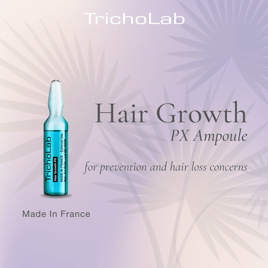 Hair Growth PX Ampoule box beside a single glass ampoule