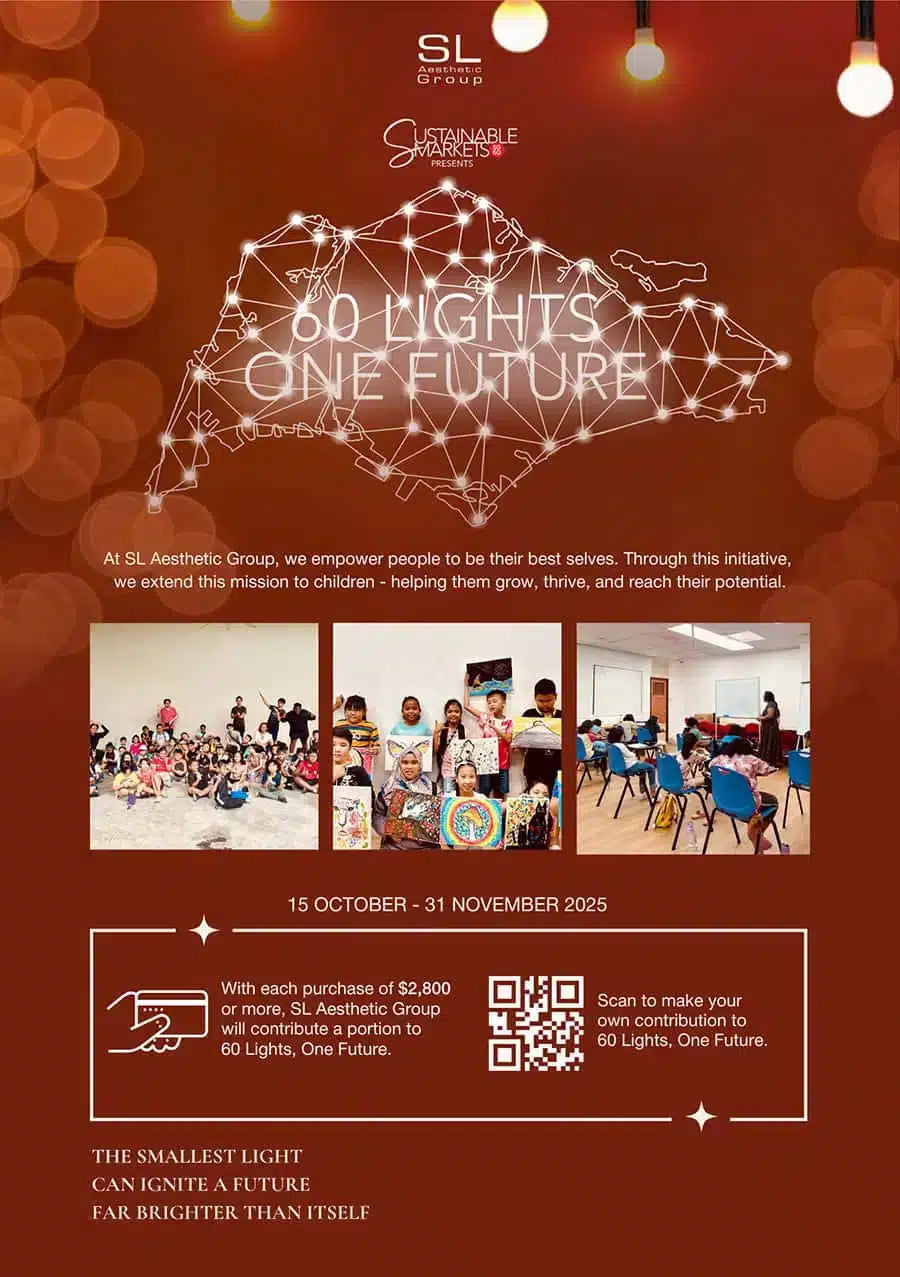 60 Lights, One Future poster from SL Aesthetic Group and Sustainable Markets SG, with photos of children at art and study sessions