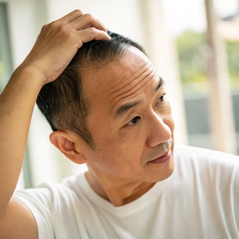 A man running his hand through his hair, checking for thinning at the crown