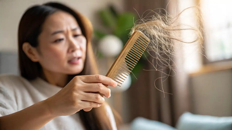 A woman looking at a comb full of shed hair